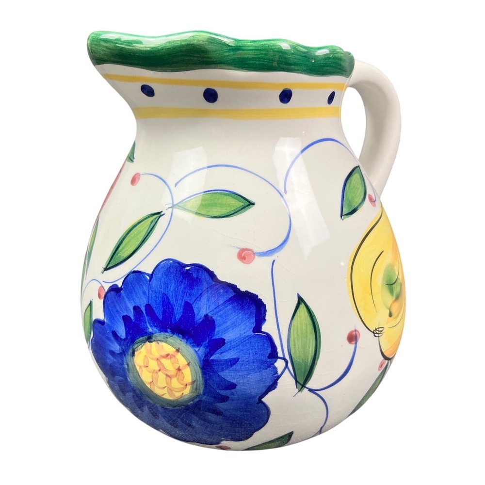 Jay Hand Painted Ceramic Fruit Floral Pitcher Scalloped Green Rim 8 inch